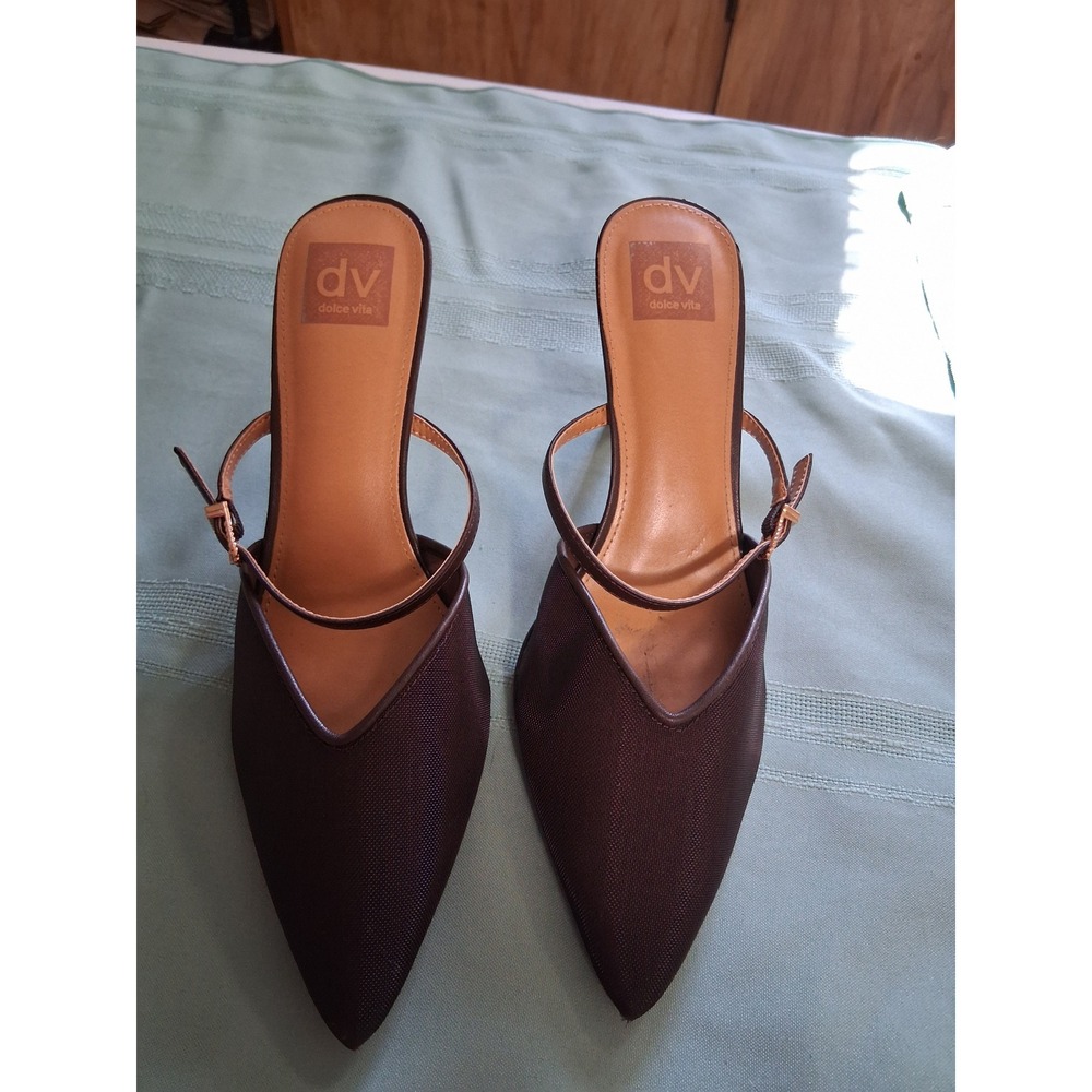 DV Dolce Vita Elley Brown Textured Pointed Toe Buckle Strap Mules Heels 9.5